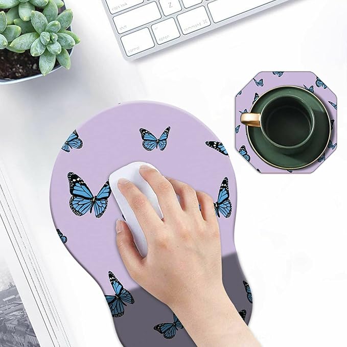 Mouse Pad with Wrist Support Gel Cute Purple Butterfly Pattern Design Ergonomic Gaming Mousepad with Wrist Rest for Laptop Computer Home Office Working Mouse Mat + A Cute Coffee Pad