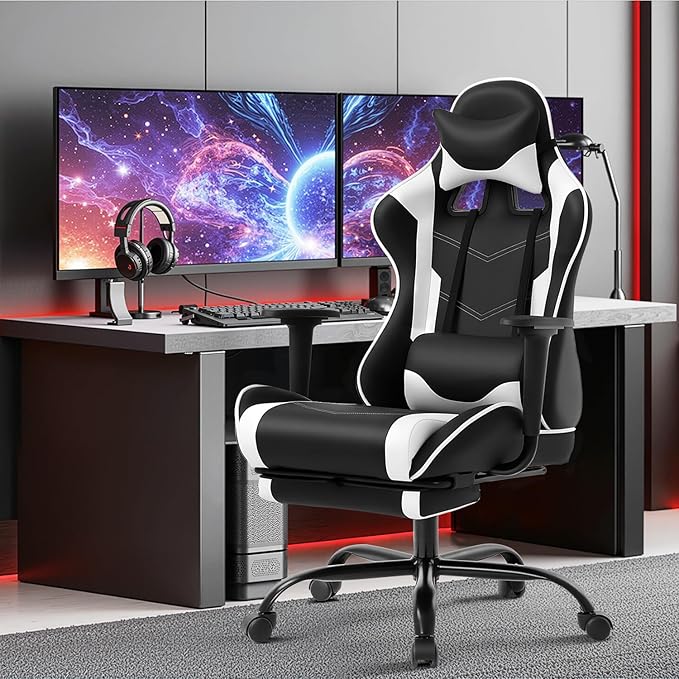 BestOffice | Ergonomic Gaming Chair | White | Reclining Computer Chair with Lumbar Support Headrest Pillow Adjustable Footrests | 360 Swivel with Heavy Duty Wheels | for Home &amp Office
