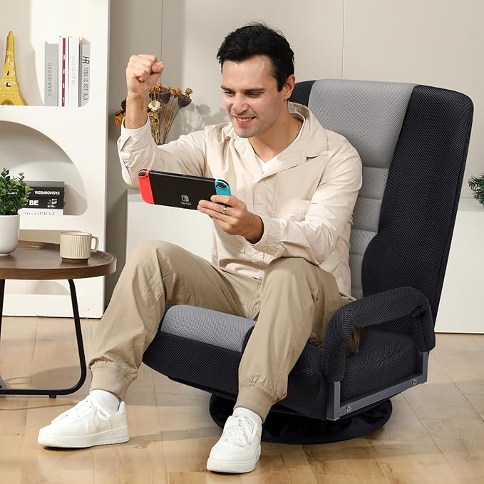 Swivel Gaming Chair Multipurpose Floor Gaming Chair for Playing Video Games TV Reading w/Armrest Lumbar Support &amp 6 Adjustable Postion Backrest for AdultsGrey