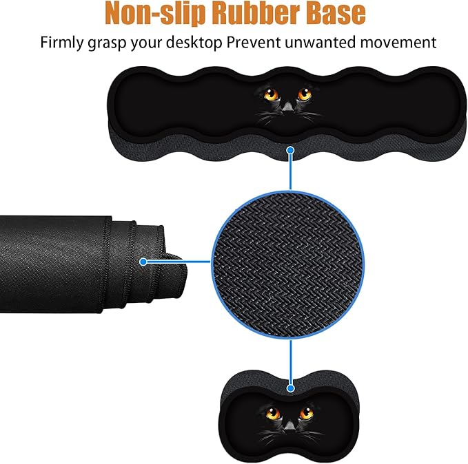 4 in 1 Ergonomic Keyboard Wrist Rest &amp Mouse Pad Wrist Rest Set Large XXL Gaming Desk Mat 31.5x 11.8 with Non-Slip Base Memory Foam for Home Office Study Gaming Black Cat Face