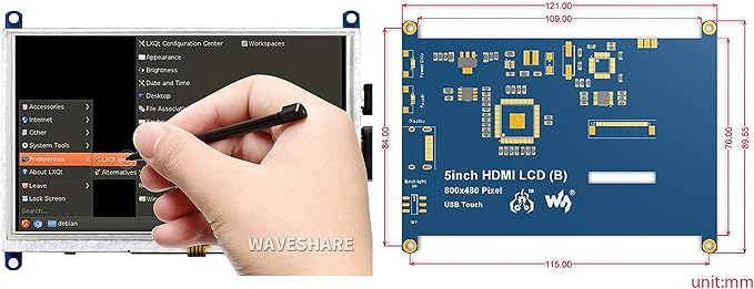 waveshare 5inch HDMI LCD (B) 5 800×480 Resistive Touch Screen LCD TFT Monitor for Raspberry Pi 4B/3B+/3B/2B/A+/Zero/Zero W/WH PC Windows 10/8.1/8/7 Driver Free