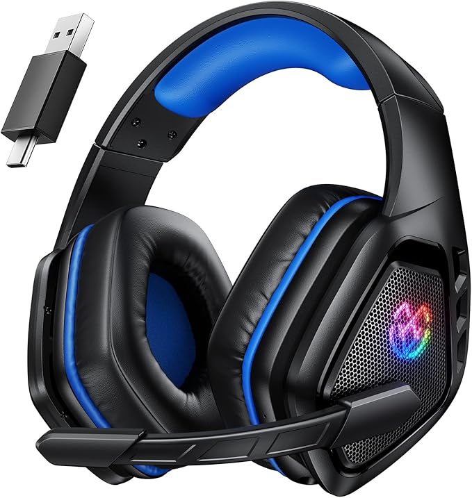 Tatybo Wireless Gaming Headset for PC Ps5 Ps4 2.4 Ghz USB &amp Type-C Gaming Headphones with Microphone 30H Battery Bluetooth Headphones for Switch Laptop Mobile Mac (Black Blue)