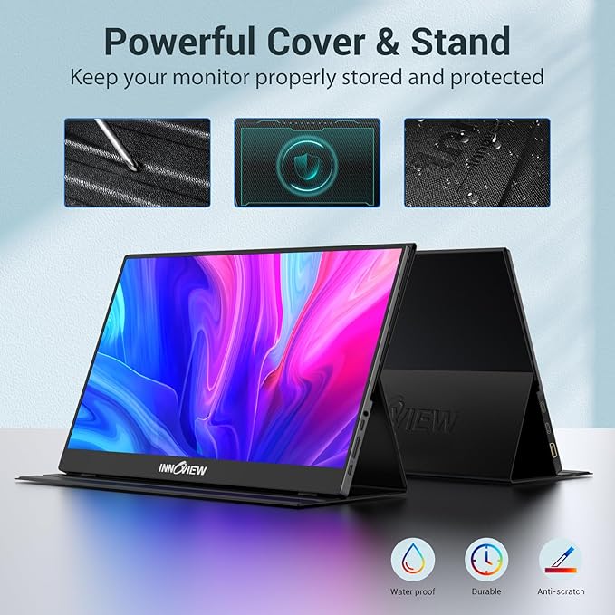 InnoView Portable Monitor 15.6 Inch FHD 1080P HDMI USB C Second External Monitor for Laptop Desktop MacBook Phones Tablet PS5/4 Xbox Switch Built-in Speaker with Protective Case