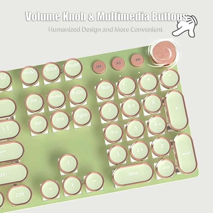 Typewriter Style Mechanical Gaming Keyboard White LED Backlit 104-Key NKRO Pink Switches Retro Round Keycaps Golden Ring Volume Knob Metal Panel Wired USB-C Detachable Cable Matcha Green
