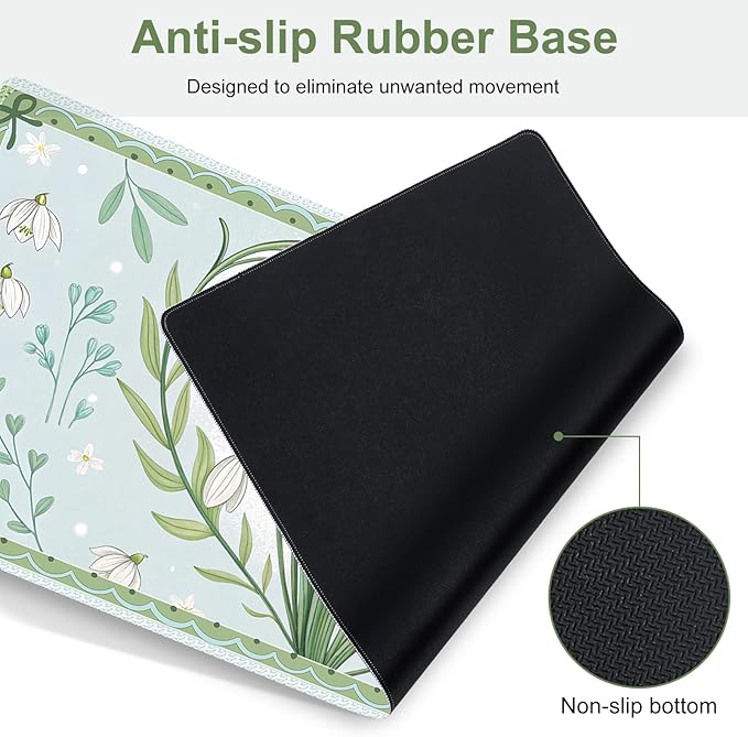 Floral Desk Mat 4in1 Large Mouse Pad with Wrist Rest Desk Matt for Desktop Desk Pad Mat Anti-Slip XXL Big Computer Ergonomic Mousepad with Wrist Support for Keyboard and Mouse I Green Flower Heart