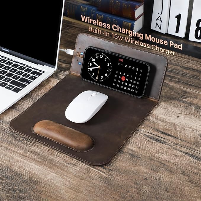Hiram Premium Crazy Horse Leather Mouse Pad with 15W Wireless Charging - Ergonomic Wrist Rest Waterproof and High-End Cowhide Touch(9inx13in)