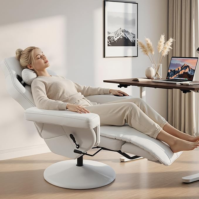 Dowinx Racing Style Gaming Recliner Chair with Massage Lumbar Support Footrest Cup Holder Side Pouch High Back Ergonomic Video Game Chair Reclining No Wheels Heavy Duty Leather White