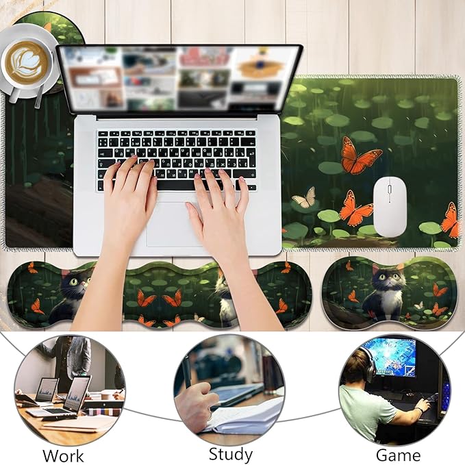 4 in 1 Mouse Pad Combo Large Gaming Mouse Pad + Keyboard Wrist Support + Mouse Wrist Rest + Coaster Table Pad with Stitched Edge Ergonomic Wrist Pad Set Butterfly and Cat