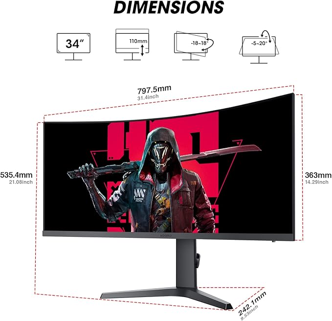 KOORUI 34-inch Ultrawide Curved WQHD 3440×1440 Gaming Monitor 165Hz 144Hz Curved 1000R- PIP/PBP 1ms(MPRT) with DisplayHDR 400 FreeSync Premium 75 * 75mm VESA HDMI/DisplayPort 34E6UC