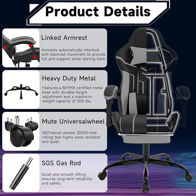 Gaming Chair with Massage and Footrest Ergonomic High Back PC Racing Chair 300LBS Capacity with Adjustable Lumbar Support &amp Headrest for Office and Desk (Model D Black+Grey)