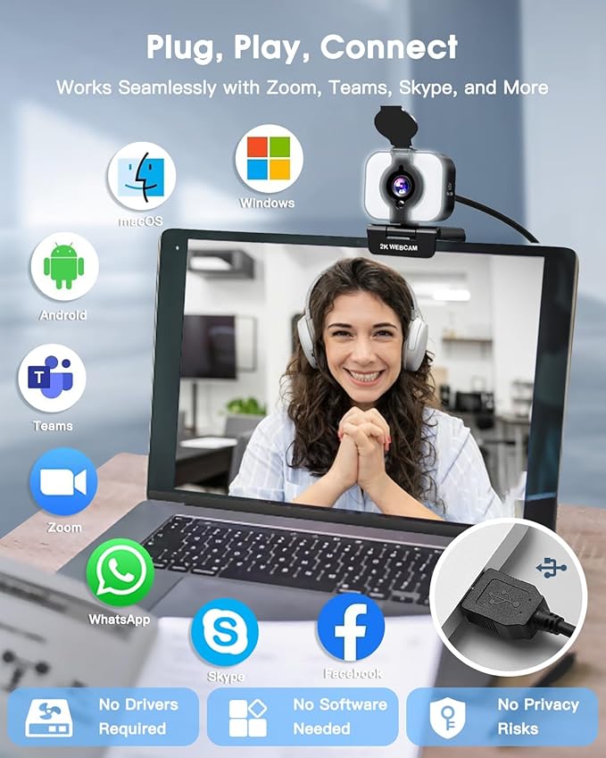 MELCAM 2K Webcam for PC Web Camera with Microphone Light Privacy Cover Plug and Play Autofocus USB Computer Camera for Laptop Desktop PC Mac Zoom Skype Meeting Streaming(Black)