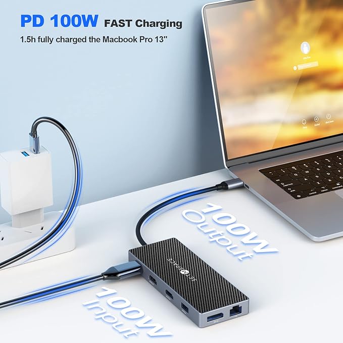 SETMSPCE Docking Station(Three Monitors) DP 4K@60Hz 2*HDM 4k@60HzPD100W 2*USB-A 10Gbps PD100W RJ45 1000Mbps 2*USB-A 2.0 SD/TF Audio Docking Station for USB-C Devices' Data Transmission