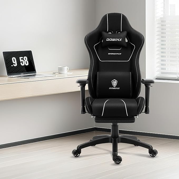Dowinx Gaming Chair with Massage Lumbar Support Footrest Fabric Computer Gamer Chair with Pocket Spring Cushion Adjustable Comfortable Game Office Chair 300lbs for Adult Teens Black