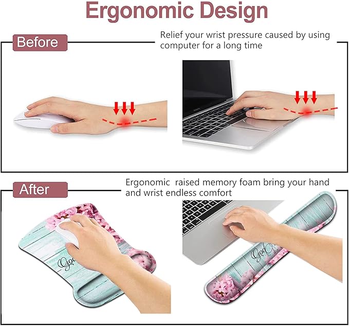 Mouse Pad with Wrist Support Ergonomic Gel Mouse Pad Beautiful FlowersNon-Slip Durable Memory Foam Keyboard Wrist Rest Suitable for Office Typing Games Pink Hyacinths on Wood Panel