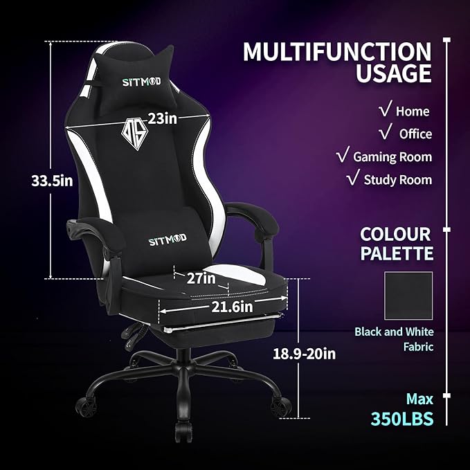 SITMOD Breathable Fabric Gaming Chair 350lbs Heavy Duty Computer Office Chair with Pocket Spring Cushion Wide Seat Ergonomic Gamer Chair with Footrest for Big and Tall Reclining High White