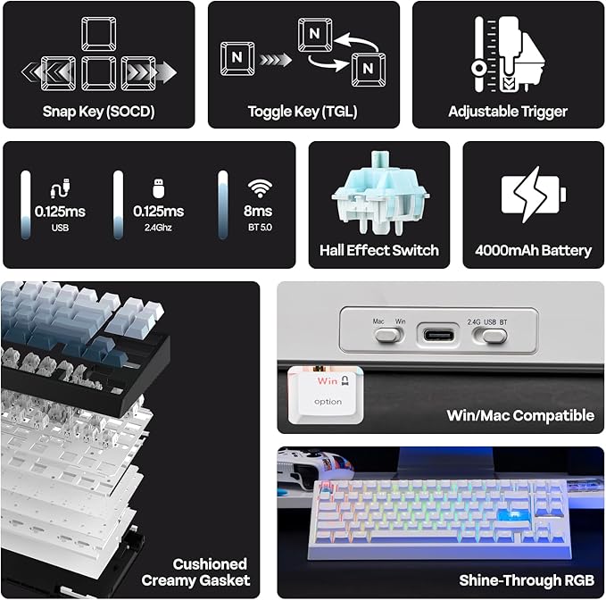 EPOMAKER G84 HE Wireless Hall Effect Keyboard 8K Polling &amp 8000mAh SOCD &amp DKS Gaming Keyboard with Fast Trigger &amp Adjustable Actuation RGB Backlit PBT Keycap Hot-Swap for Win/Mac (W