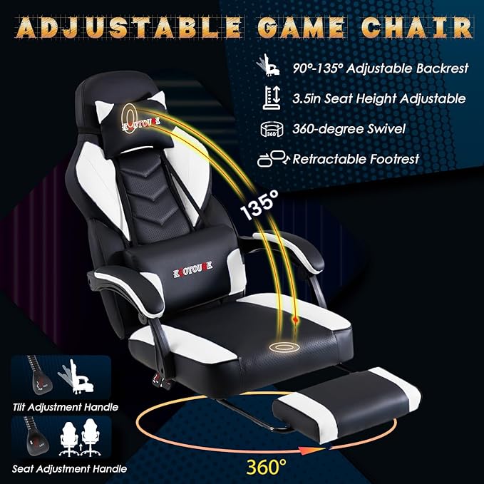 ECOTOUGE Gaming Chair with Footrest Big and Tall Silla Gamer with Massage Lumbar Support Ergonomic Gamer Chair with Reclining High Back 360° Swivel Gaming Computer Chair White