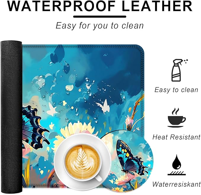 Large Keyboard Mouse Pad Set Extended Mouse Pad+Keyboard Wrist Rest Support Memory Foam Ergonomic Easy Typing 4Pcs (31.5×11.8 in) Desk Pad Set for Office HomeFlowers and Butterflies
