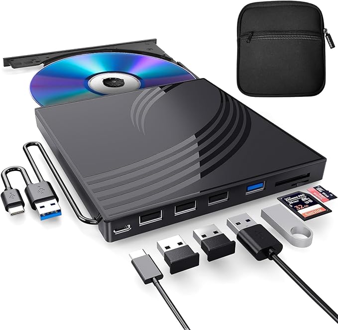 External CD/DVD Drive for Laptop with Carrying CaseDVD Player for LaptopPortable CD Burner with 4 USB Ports 2 TF/SD Card SlotsCD Disk Drive Player Reader Write