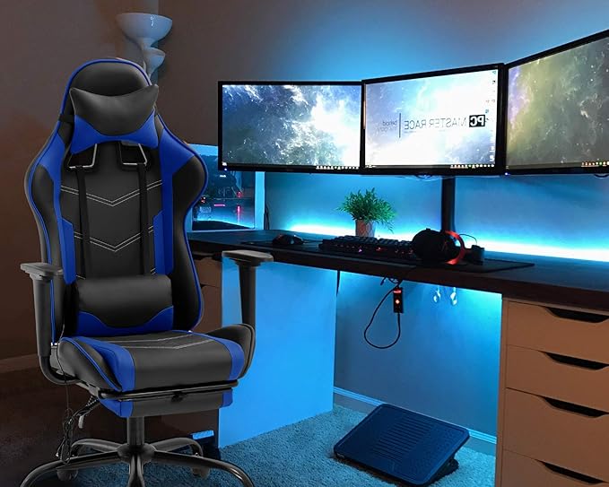 Gaming Chair Office Chair Desk Chair Massage PU Leather Recliner Racing Chair with Headrest Armrest Footrest Rolling Swivel Task PC Ergonomic Computer Chair for Back Support Blue