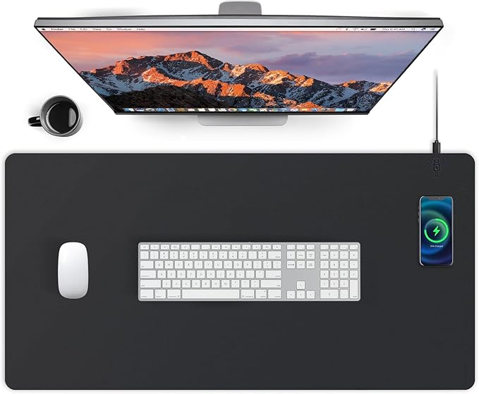 Mouse Pad with Wireless Charging PU Leather Fast Charging Gaming Mouse Pad Waterproof Anti-Slip Surface Easy Clean Office Table Mat 32L x 16W x 0.15H inches Black(Right Side Charging Port)