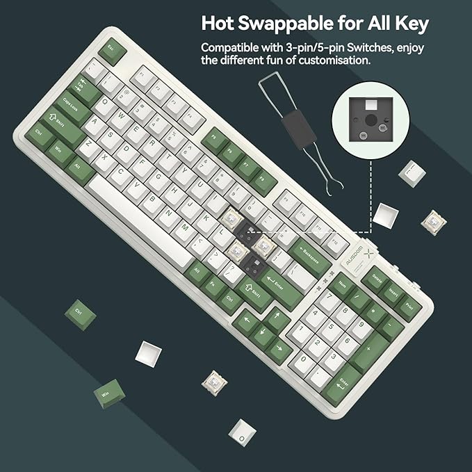 AUSDOM 98Pro Wireless Mechanical Keyboard Tri-Mode BT/2.4GHz/USB-C Hot Swappable Custom Gaming Keyboard with Backlit Gasket Structure Linear Switches for Windows/Mac/PC (Green&ampWhite 97keys)