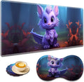 Large Game Mouse Pad + Wrist Support Pad + Coffee Coaster Desk Pad with Sewn Edges Anti-Slip Set pad Suitable for Office Work and Home - Purple Dragon