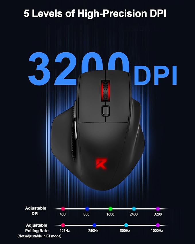 Redragon Large Wireless Gaming Mouse for Big Hands Tri-Modes 2.4G/Bluetooth/Wired Rechargeable Ergo RGB Mouse with 2 Side Buttons 6 Backlit Modes Programmable Macro Gamer Mouse