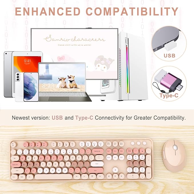 Wireless Keyboard and Mouse Combo Ergonomic Full Size Typewriter Retro Round Keycaps Keyboard Compatible with Windows PC Perfer for Home and Office Keyboards (Chocolate Color)