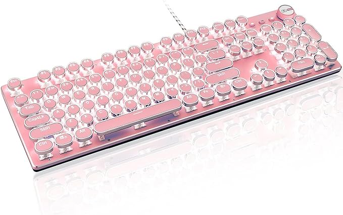Typewriter Style Retro Wired Mechanical Gaming Keyboard Vintage Steampunk with White LED Backlit 104-Key Anti-Ghosting Blue Switch Cute Keyboard Round Keycaps Knob Control for PC/Win/Mac/Laptop