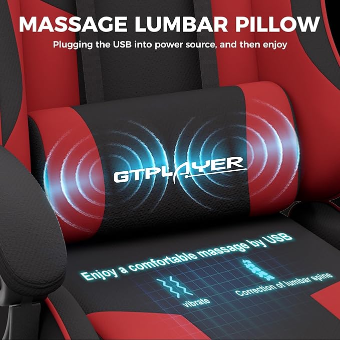 GTPLAYER Gaming Chair Computer Chair with Footrest and Lumbar Support Height Adjustable Game Chair with 360°-Swivel Seat and Headrest and for Office or Gaming (RED Fabric)