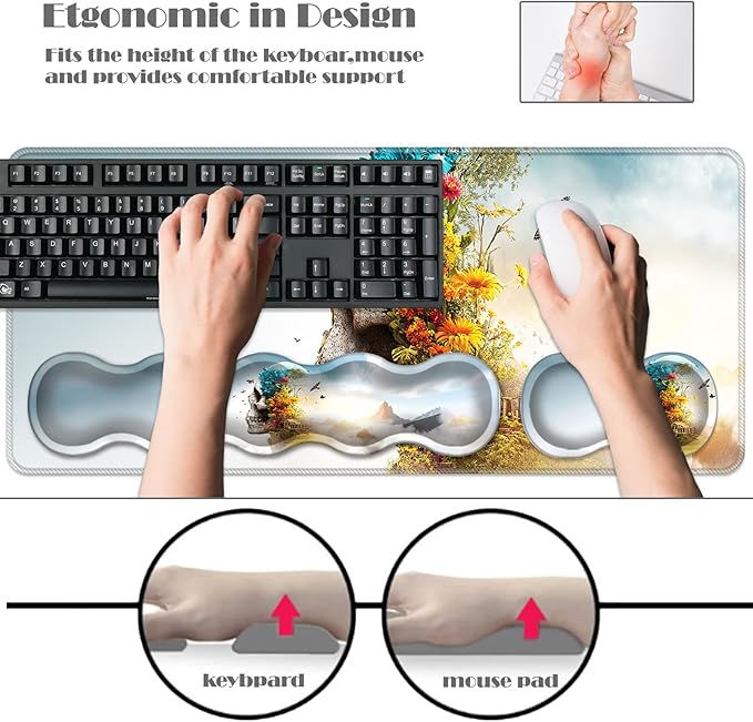 Ergonomic Keyboard Wrist Rest &amp Mouse Pad Wrist Rest SetXL Gaming Desk Mat 31.5x 11.8Non-Slip BaseMemory FoamEasy Typing Pain Relief for Office &amp HomeSkull with Tropical Jungle