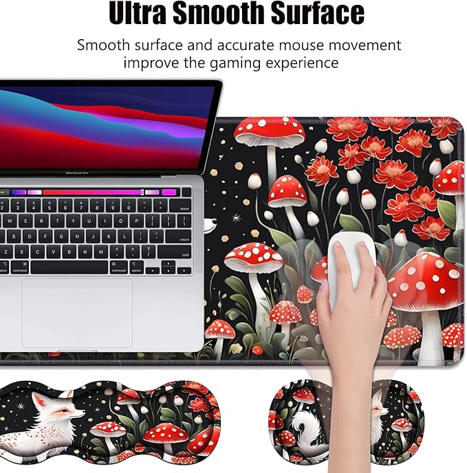 4 in 1 Ergonomic Memory Foam Mouse Pad Wrist Rest Set Large XXL Gaming Desk Pad + Keyboard Wrist Rest + Mouse Wrist Cushion + Coaster for Home Office Study Gaming White Fox Mushroom