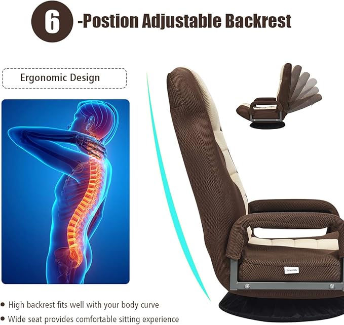 S AFSTAR Floor Gaming Chair Swivel Foldable Chair with Armrest &amp 6-Position Adjustable Backrest Folding Rocker for TV Reading &amp Home Office (Brown)
