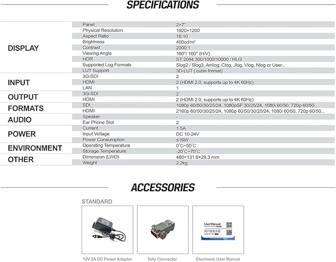 LILLIPUT RM-7029S Dual 7 inch 3RU Rackmount Monitor with 3G-SDI HDMI 2.0 Input Out Put 1920x1200 Full HD Resolution