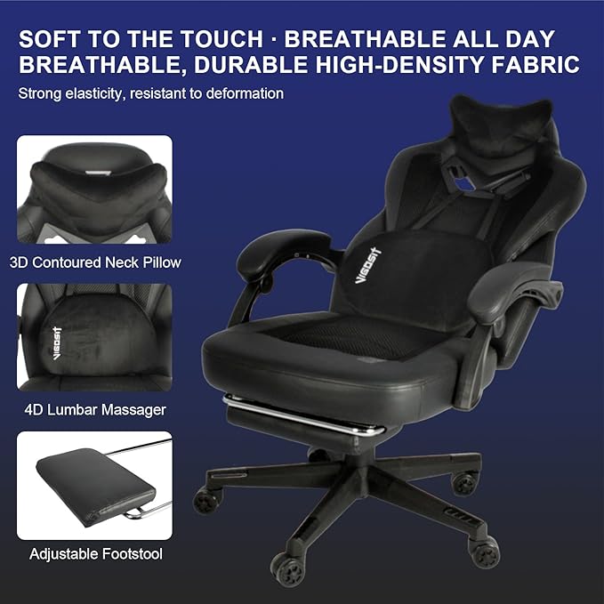 Gaming Chair PRO Ergonomic Gaming Chairs for Adults Heavy People Massage Reclining Office Desk Computer Chair with Footrest and Lumbar Support Big Tall Mesh Gamer Chair with Cushion (Black)