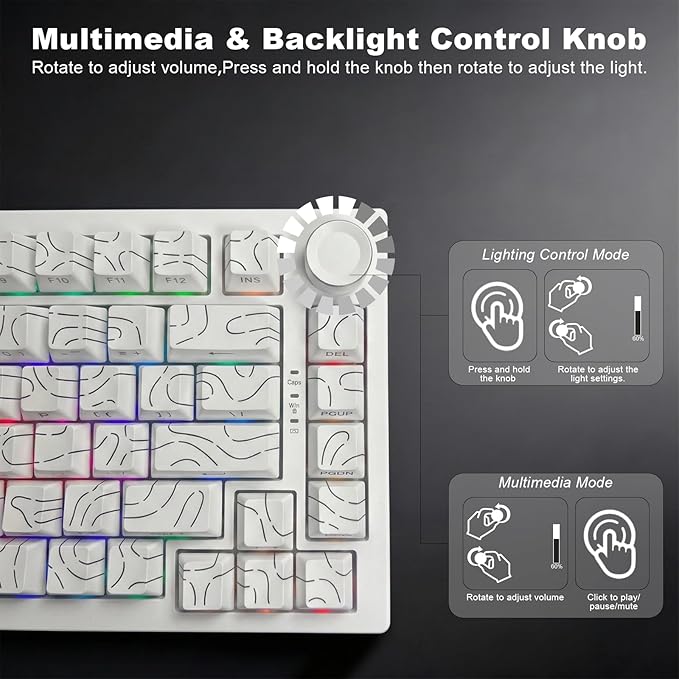 DstoPar Wireless Mechanical Keyboard75% Hot Swappable Gaming Keyboard with Multifunction knobSide Printed PBT KeycapsBluetooth5.0/Type-C/2.4G8000mAh K81 Mechanical Keyboard(Camouflage White