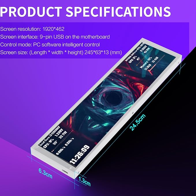 PUSOKEI 9.2 Computer Temp Monitor PC Case Sensor Panel Support Dynamic Video Theme CPU RAM HDD Data Temperature Display IPS USB C Secondary Screen for 10/11 (White)