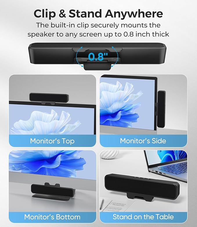 Computer Speakers for Desktop PC Stereo Sound Bar with Monitor Clip Deep Bass Plug and Play Integrated Type-C &amp USB-A
