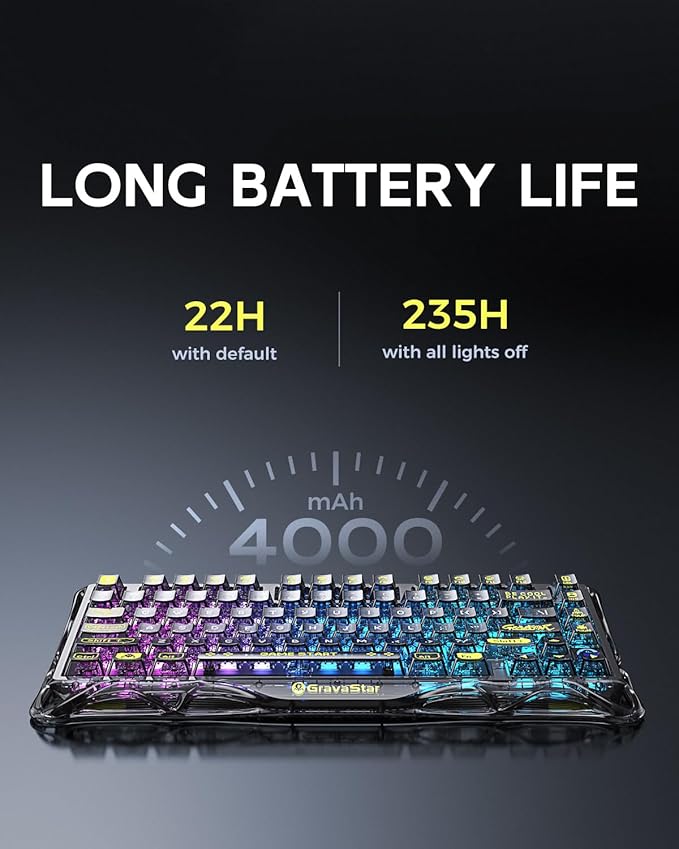 GravaStar Mercury K1 Lite 75% Gaming Keyboard 2.4GHz/BT/Wired Tri-Mode Wireless Keyboard Gasket Hot Swappable Mechanical Keyboard Pre-lubed Linear Switches RGB Backlit (Transparent Black)