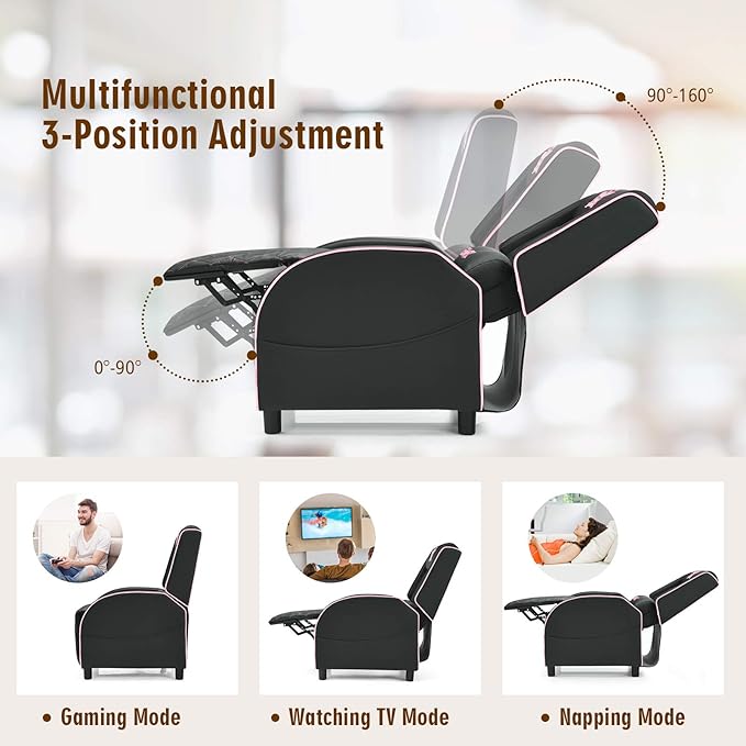 POWERSTONE Gaming Chair Recliner with Footrest Breathable PU Leather Massage Recliner - Ergonomic Sofa Computer Chair with Lumbar Support Headrest and Side Pouch for Living Room Home TheaterPink