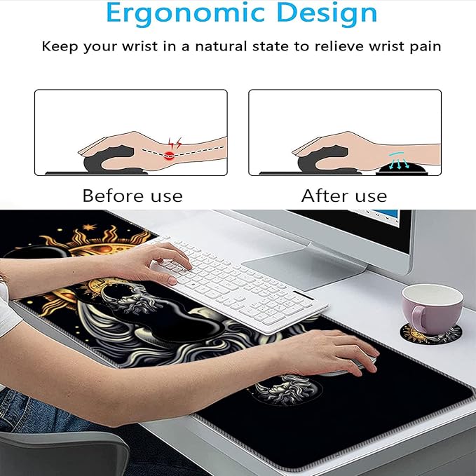 Keyboard Mouse Pad SetLarge Mouse Pad+Keyboard Wrist Rest+Wrist Support+Coaster31.5x11.8in Extended Desk Mat for Computer Laptop Office Home-Sun Moon