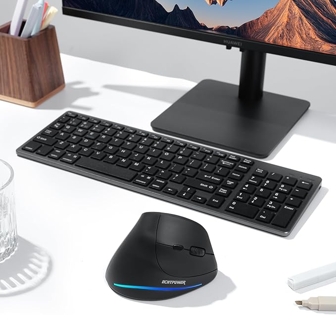 ECHTPower Ergonomic Wireless Mouse Bluetooth Vertical Mouse with LED Light Control Up to 3 Devices (BT5.0+BT5.0+2.4GHz) Adjustable DPI 2400/1600/1000 for PC Laptop Mac Windows