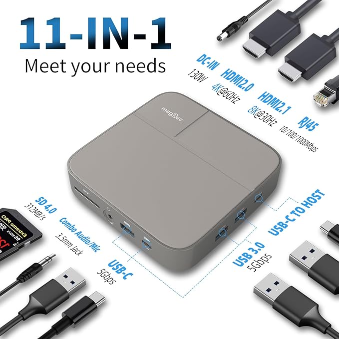 USB C Docking Station Dual Monitor 4K@60Hz or Single 8K@30Hz with 2 HDMI for Windows Laptops11-in-1 Laptop Docking Station with 5 USB A/C SD Gigabit Ethernet Audio 130W AC Power Supply
