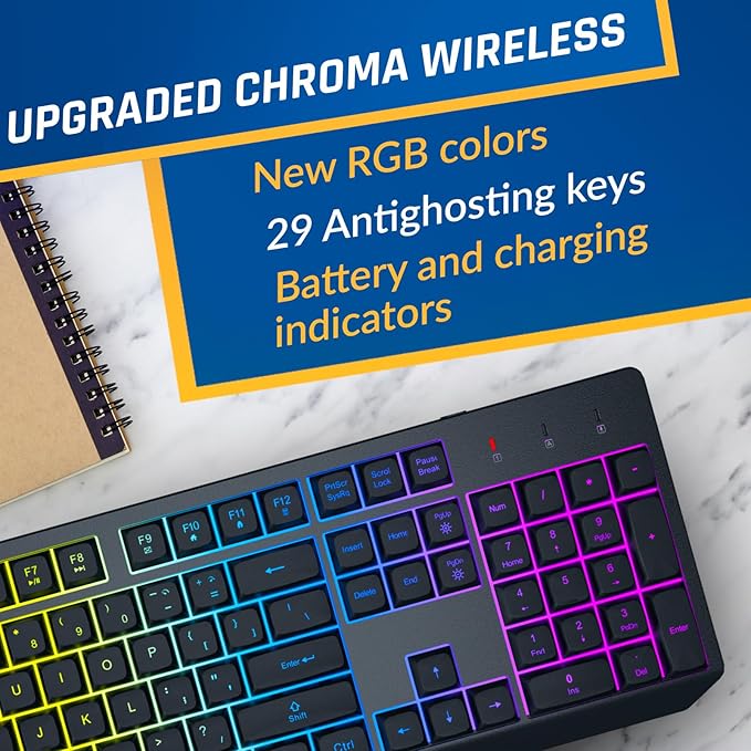 KLIM Chroma Wireless Keyboard and Mouse – RGB Backlit Gaming Combo Rechargeable Wireless Keyboard &amp RGB Mouse Durable &amp Ergonomic Dual USB Receivers Compatible with PC Mac PS4 PS5