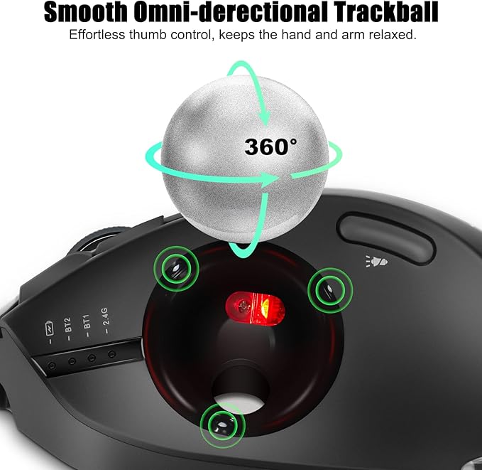 TRELC Wireless Trackball Mouse Ergonomic Rollerball Mouse with 4800 DPI/7 Programmable Buttons Thumb Control Mice Rechargeable Optical Mouse for 3 Devices for Windows PC Laptop Tablet (Black)