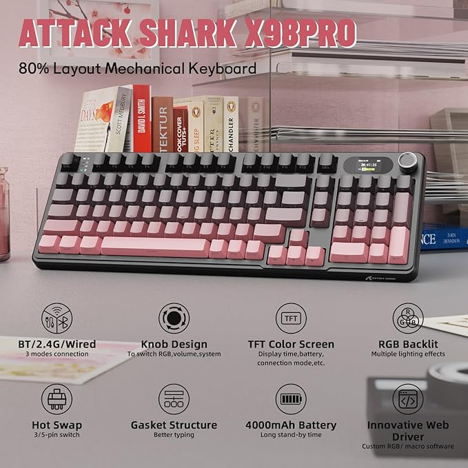 MAMBASNAKE Attack Shark X98 Pro Wireless Mechanical Keyboard with Screen &amp Knob 2.4G/USB-C/BT5.0 Gasket Hot Swappable Creamy Keyboard102 Keys Web Driver RGB Gaming Keyboard for PC/Mac/PS4/Xbox