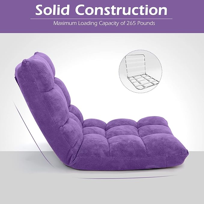 COSTWAY Adjustable Gaming Chair Purple 14-Position Back Support Soft Coral Fleece Portable Lightweight 22 x 24 x 22