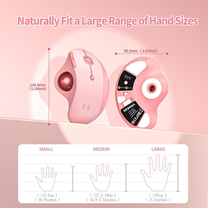 seenda Wireless Trackball Mouse Bluetooth - Ergonomic Rollerball Mouse Rechargeable 3 Device Connection Optical Mice Adjustable DPI Thumb Control Mice Compatible for Mac/Android/Windows - Pink