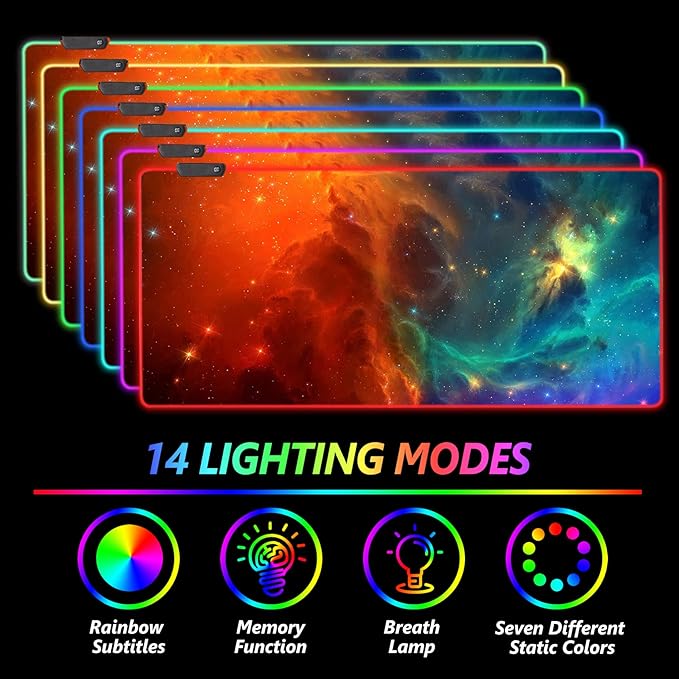 AIMSA Large RGB Gaming Mouse Pad Keyboard Mousepad Led Extended 35.4 x 15.8 inch Non-Slip Rubber Base with 14 Lighting Modes Big Desk Mat Waterproof Galaxy Nebula